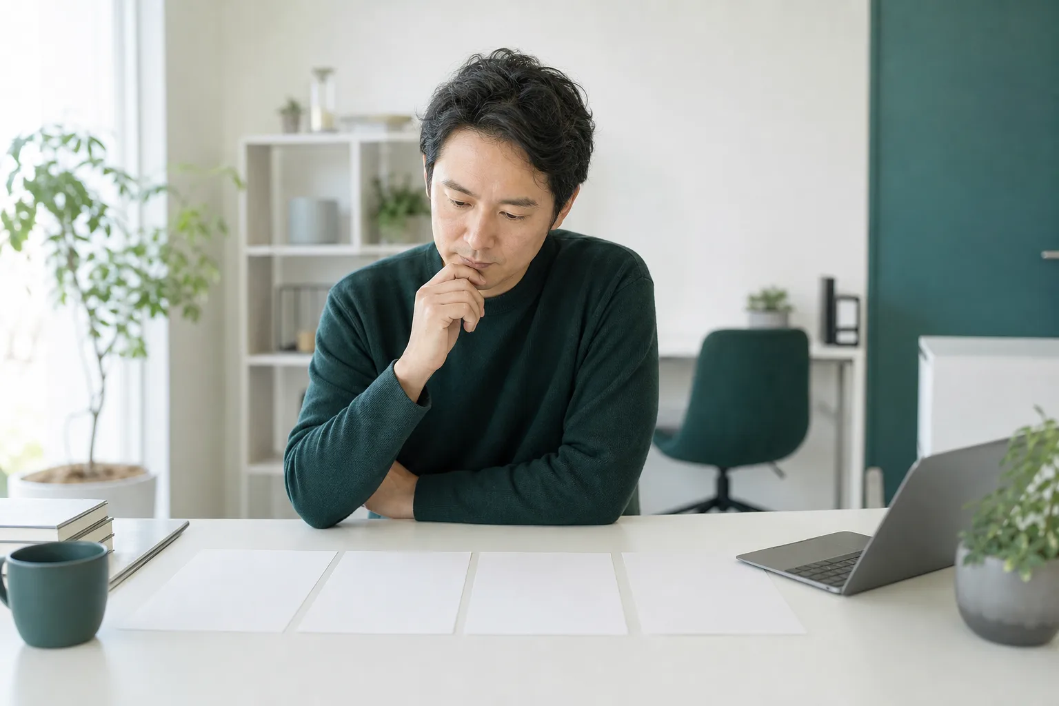机に並べた複数の書類を見比べながら考えている経営者