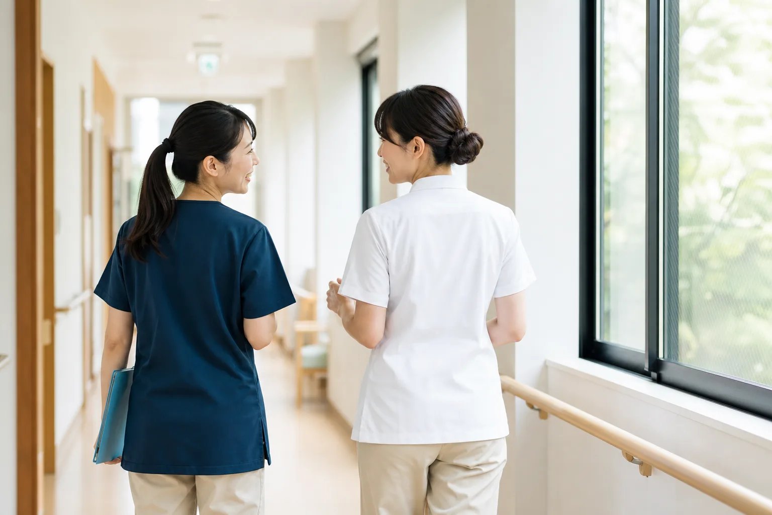 福祉施設の明るい廊下を、話しながら並んで歩く2人のスタッフ