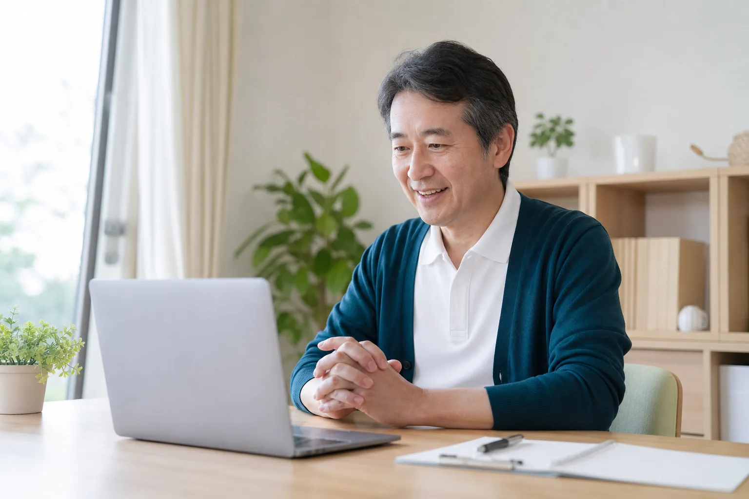 ノートパソコンでオンライン面談をしている福祉事業所の経営者