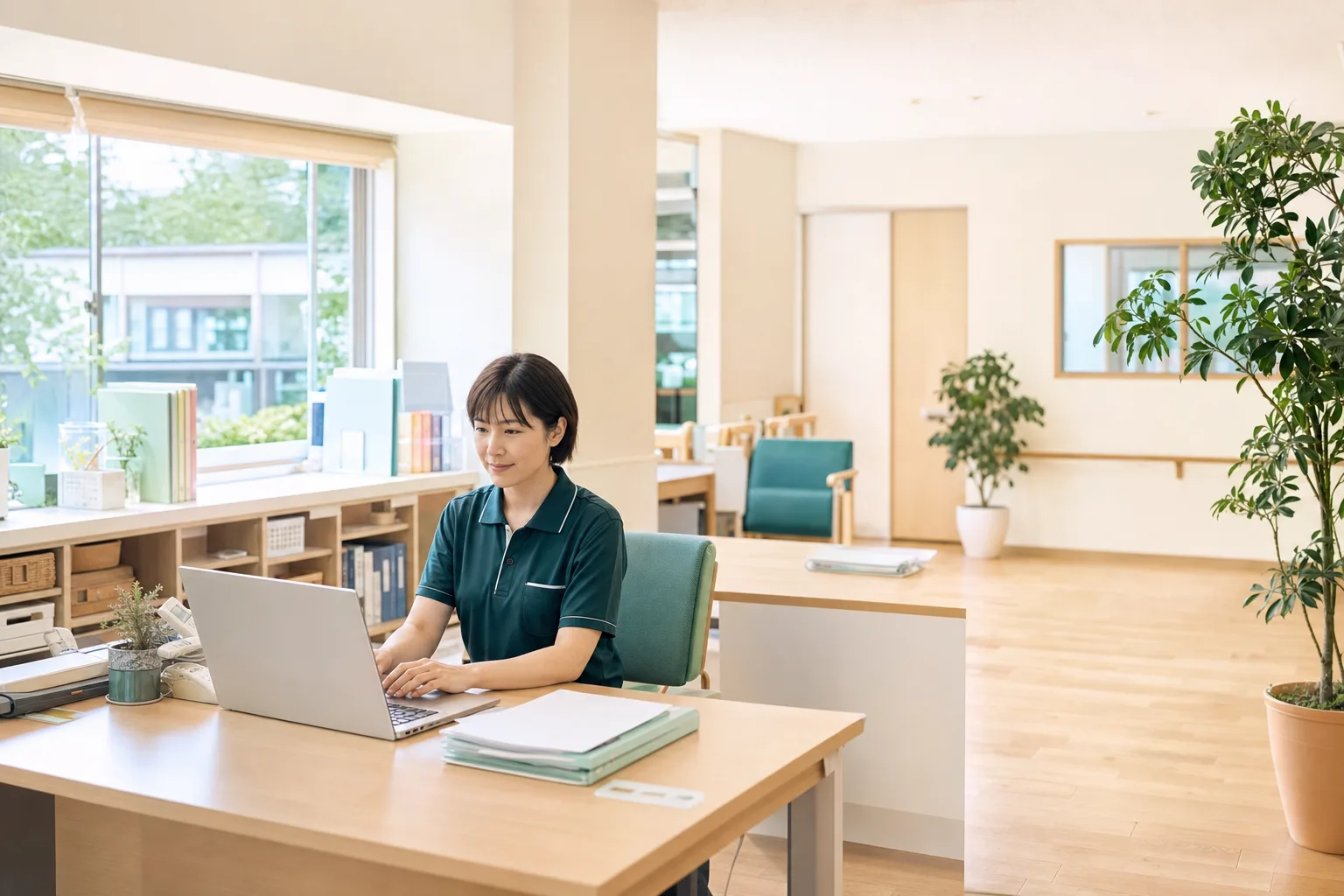 明るい福祉事業所のオフィスで、スタッフがノートパソコンに向かって事務作業をしている様子