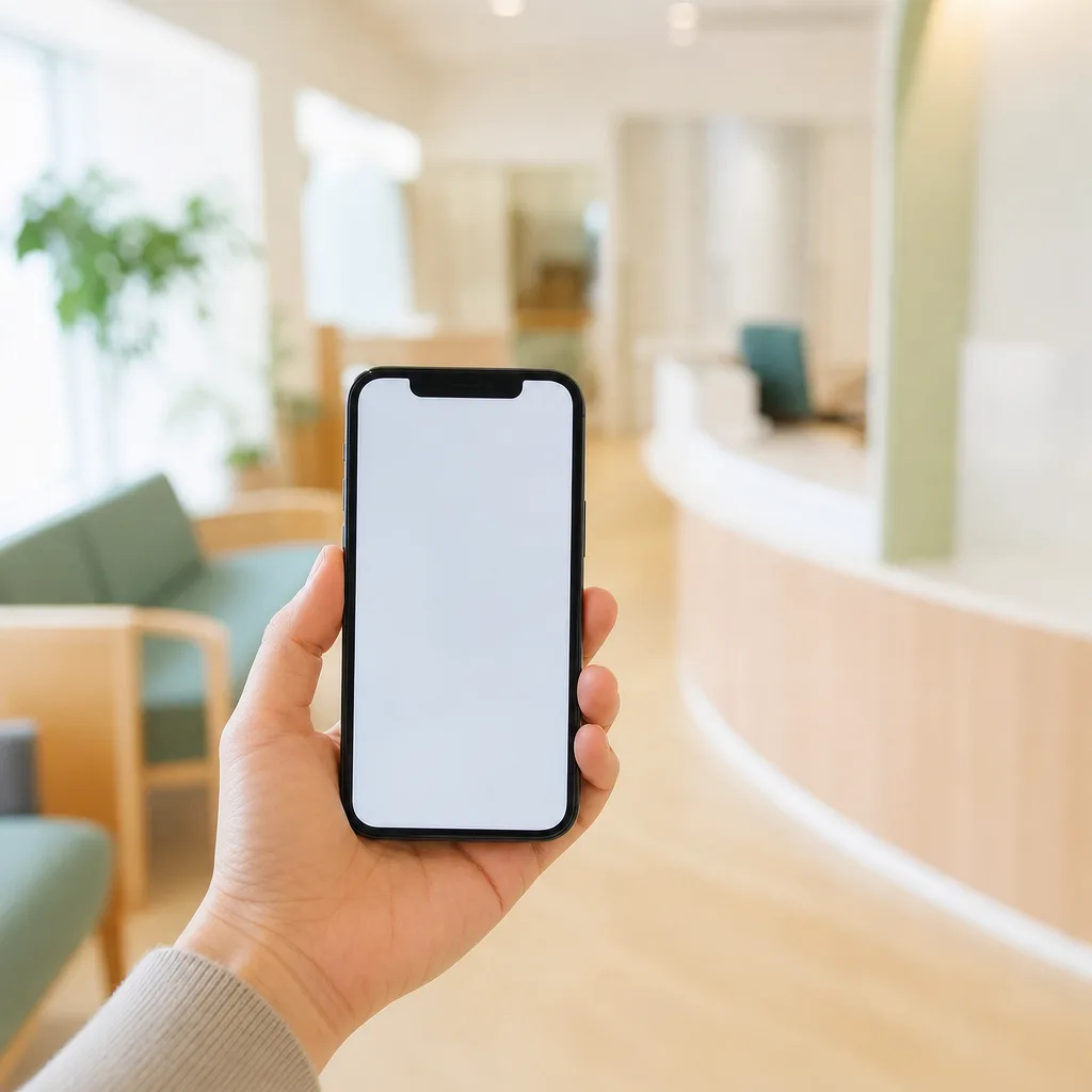 明るい施設内で、スマートフォンを手に持っている様子